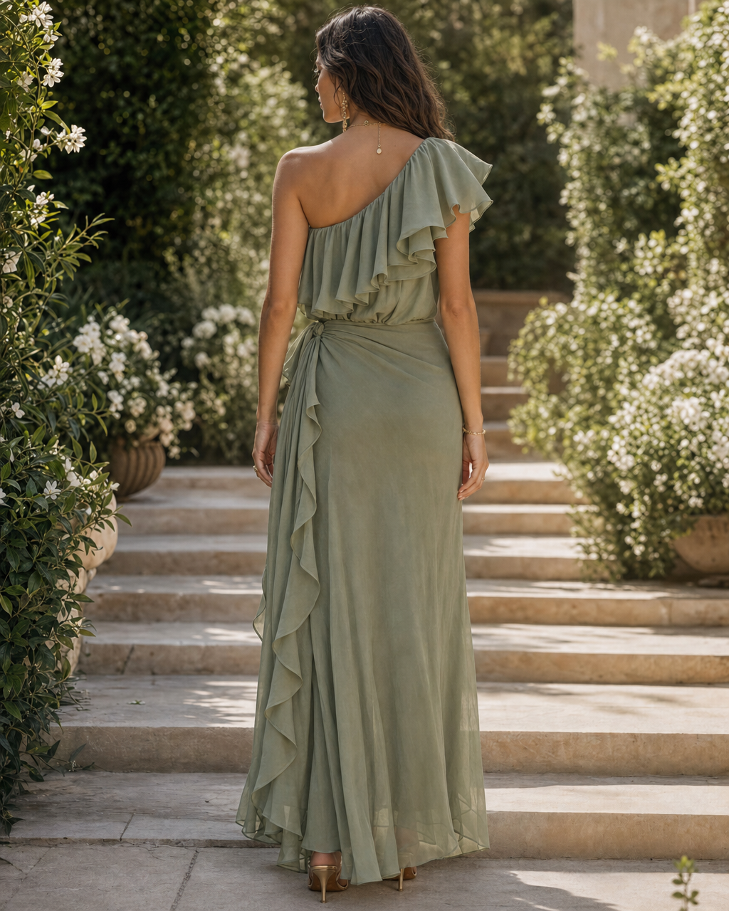 Boho Sage Green One Shoulder Ruffle Wrap Maxi Dress Side Slit Tie Waist Vacation Dress MVA000630AA