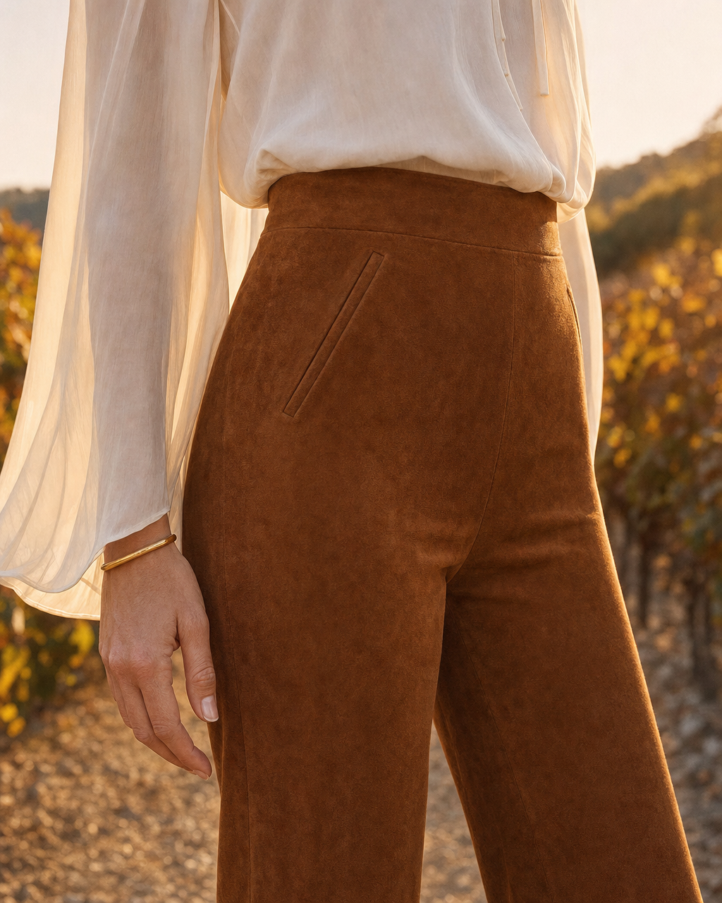 Bohemian Retro Ivory Chiffon Stand-collar Bell-sleeve Blouse Paired With Tan Faux Suede Flared Pants MVA001230AA