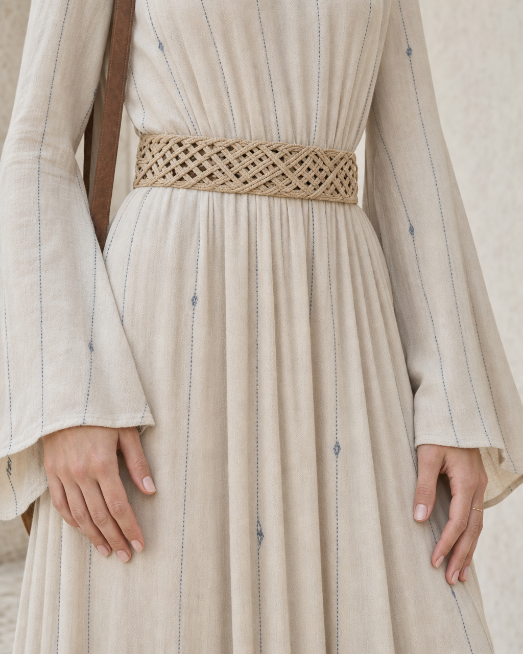 Bohemian Ivory Woven Stand-Collar Long-sleeve Maxi Dress MVA001320AA