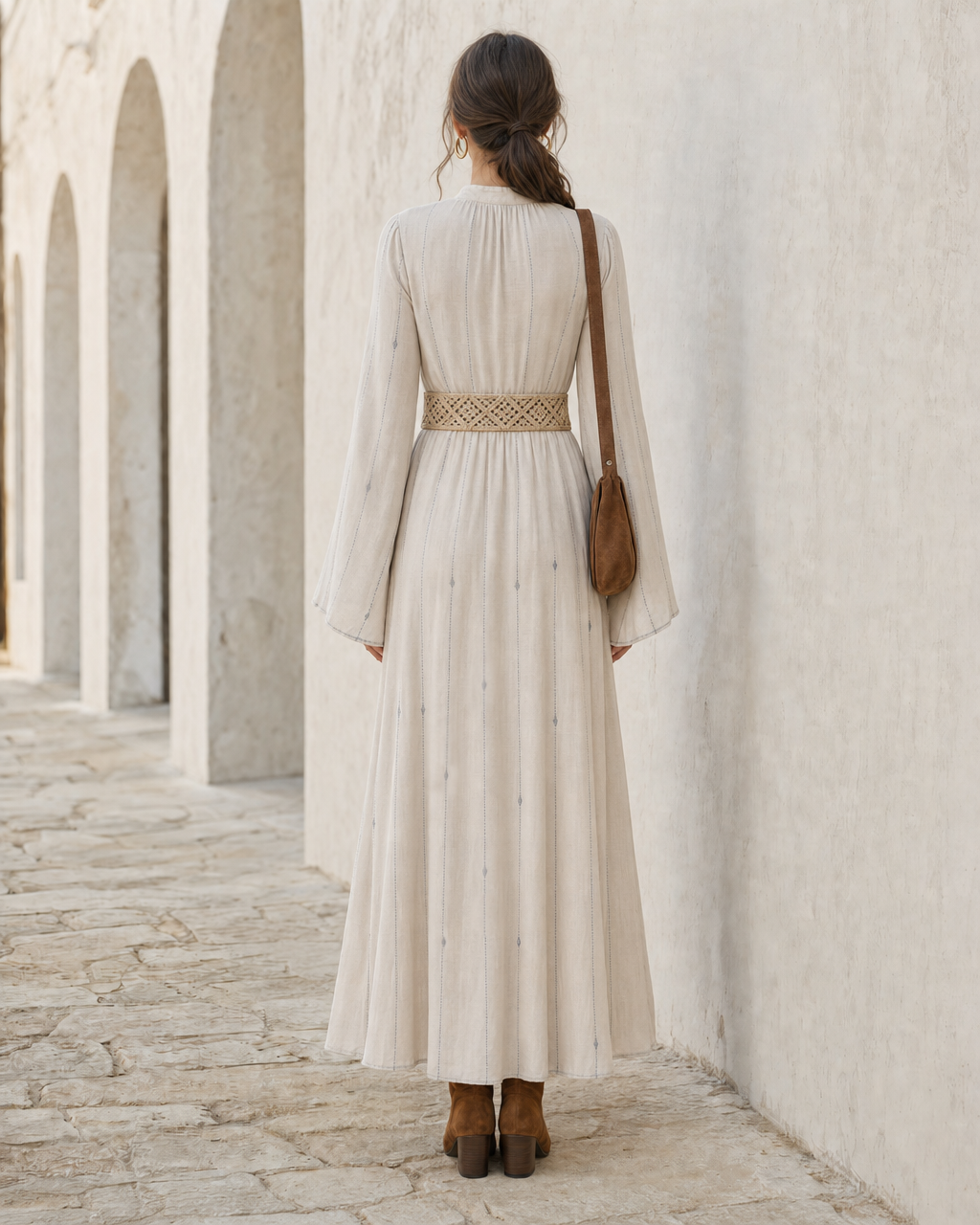 Bohemian Ivory Woven Stand-Collar Long-sleeve Maxi Dress MVA001320AA