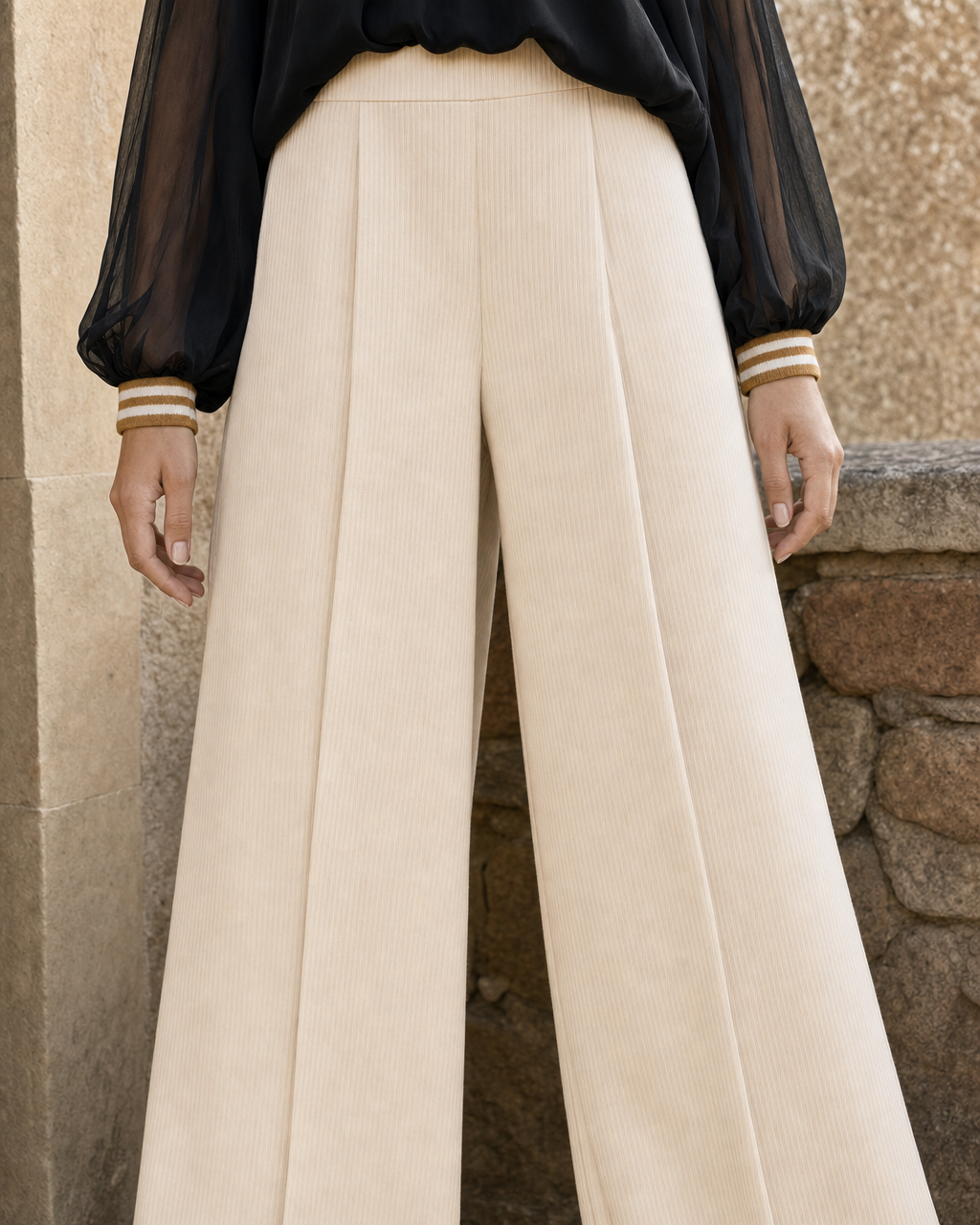 Bohemian Black And Cream Chiffon Off-shoulder Long-sleeve Blouse And Wide-leg Trousers Set MVA001400AA