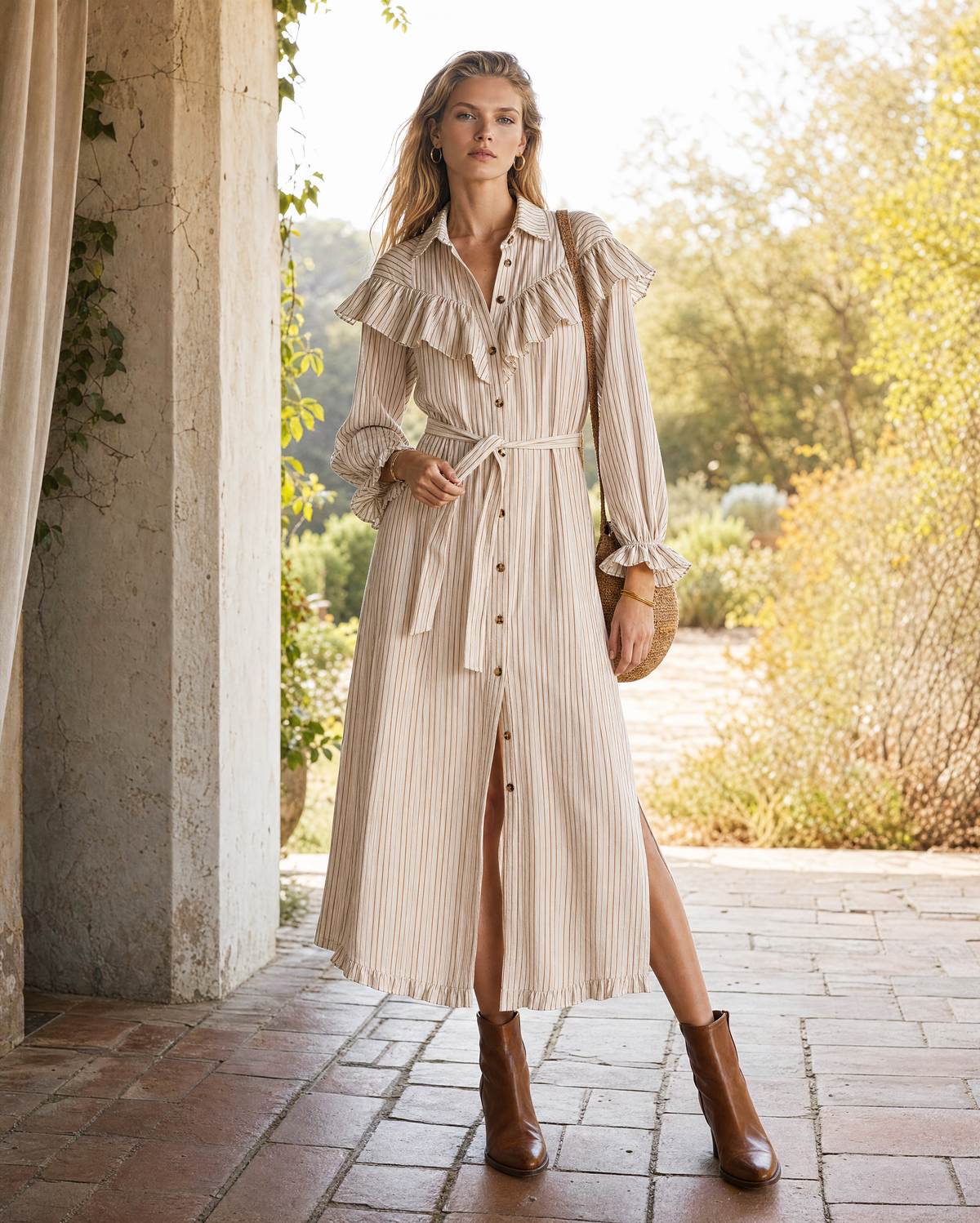Bohemian Vintage Ivory Striped Cotton-linen Point-Collar Long-sleeve Ruffle Belted Midi Shirt Dress MVA001430AA