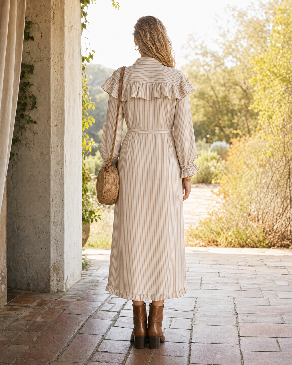 Bohemian Vintage Ivory Striped Cotton-linen Point-Collar Long-sleeve Ruffle Belted Midi Shirt Dress MVA001430AA