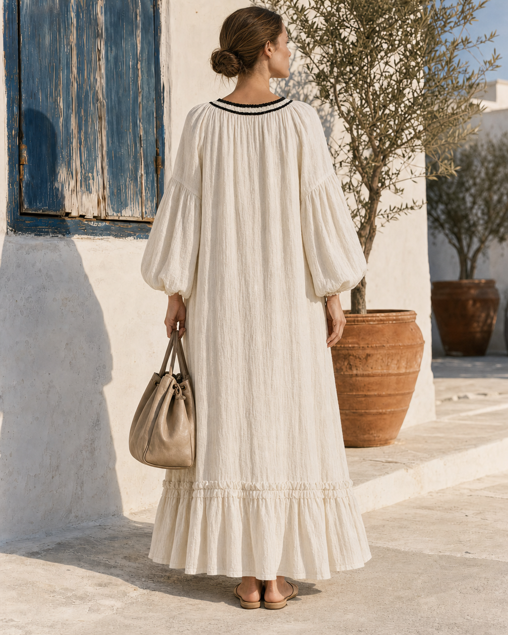 Bohemian Ivory Cotton-linen Round-neck Long-sleeve Tassel-Tie Tiered Maxi Dress MVA001440AA