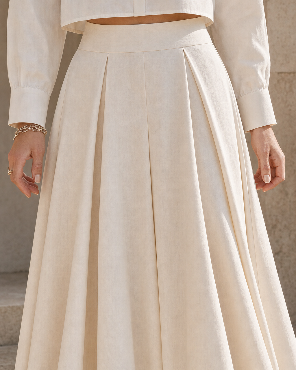 Elegant Ivory Woven Shirt-Collar Lace-Yoke Long-sleeve Cropped Shirt And Pleated Midi Skirt Set MVA001460AA