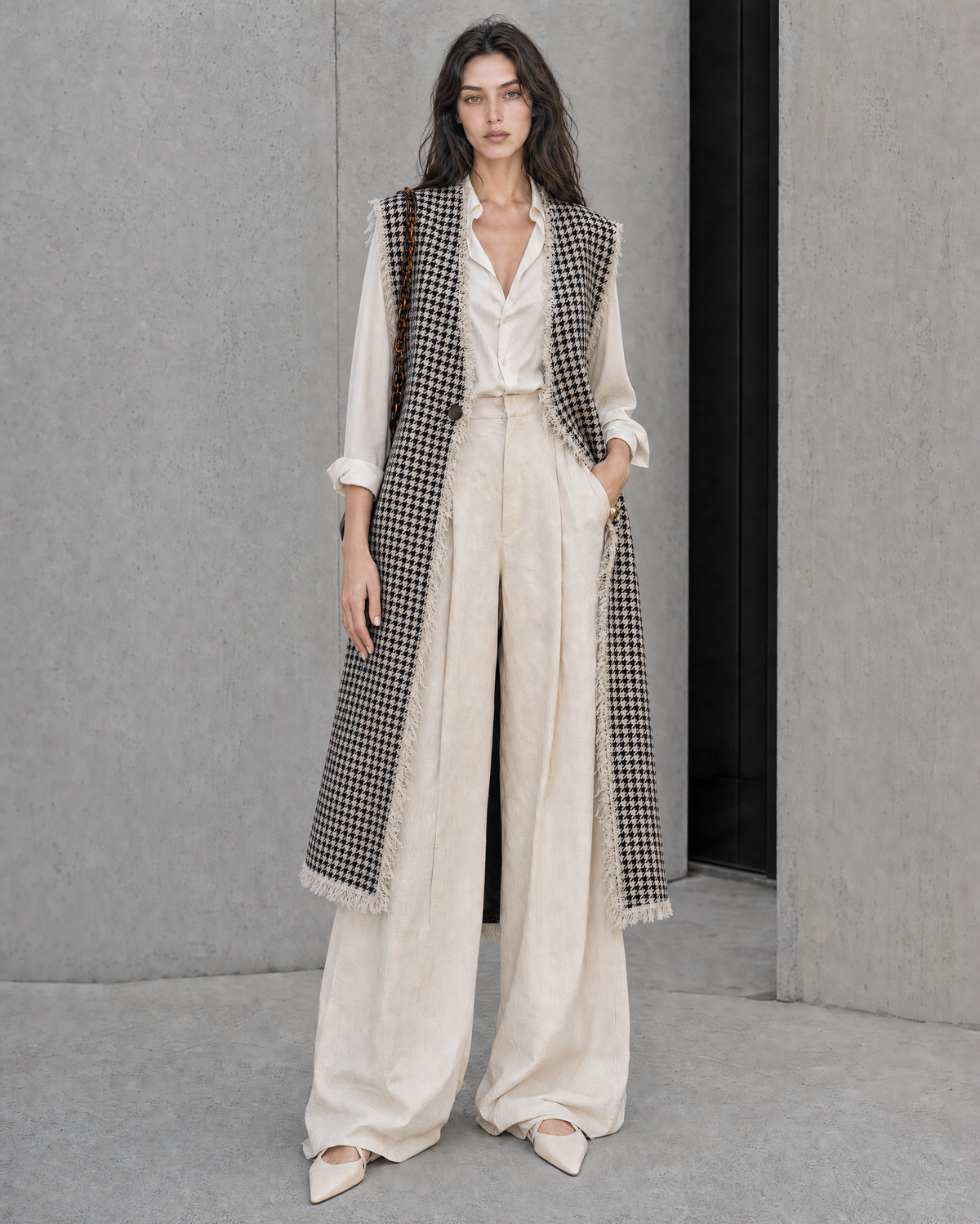 Elegant Black And Ivory Tweed Check Sleeveless Fringe-Trim Longline Vest MVA001470AA