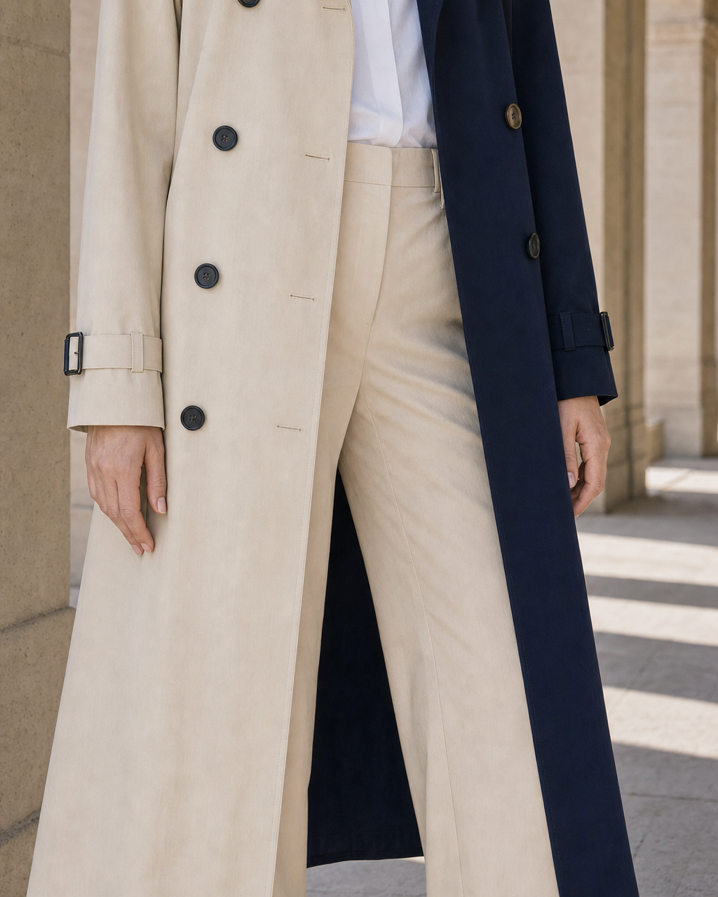 Classic Beige And Black Colorblock Cotton Lapel Long-sleeve Longline Trench Coat MVA001490AA