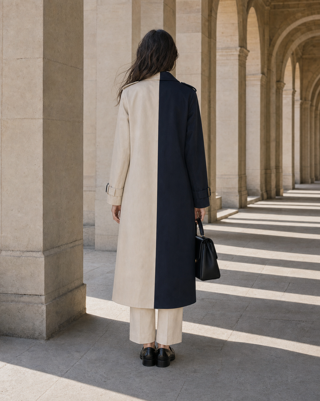 Classic Beige And Black Colorblock Cotton Lapel Long-sleeve Longline Trench Coat MVA001490AA