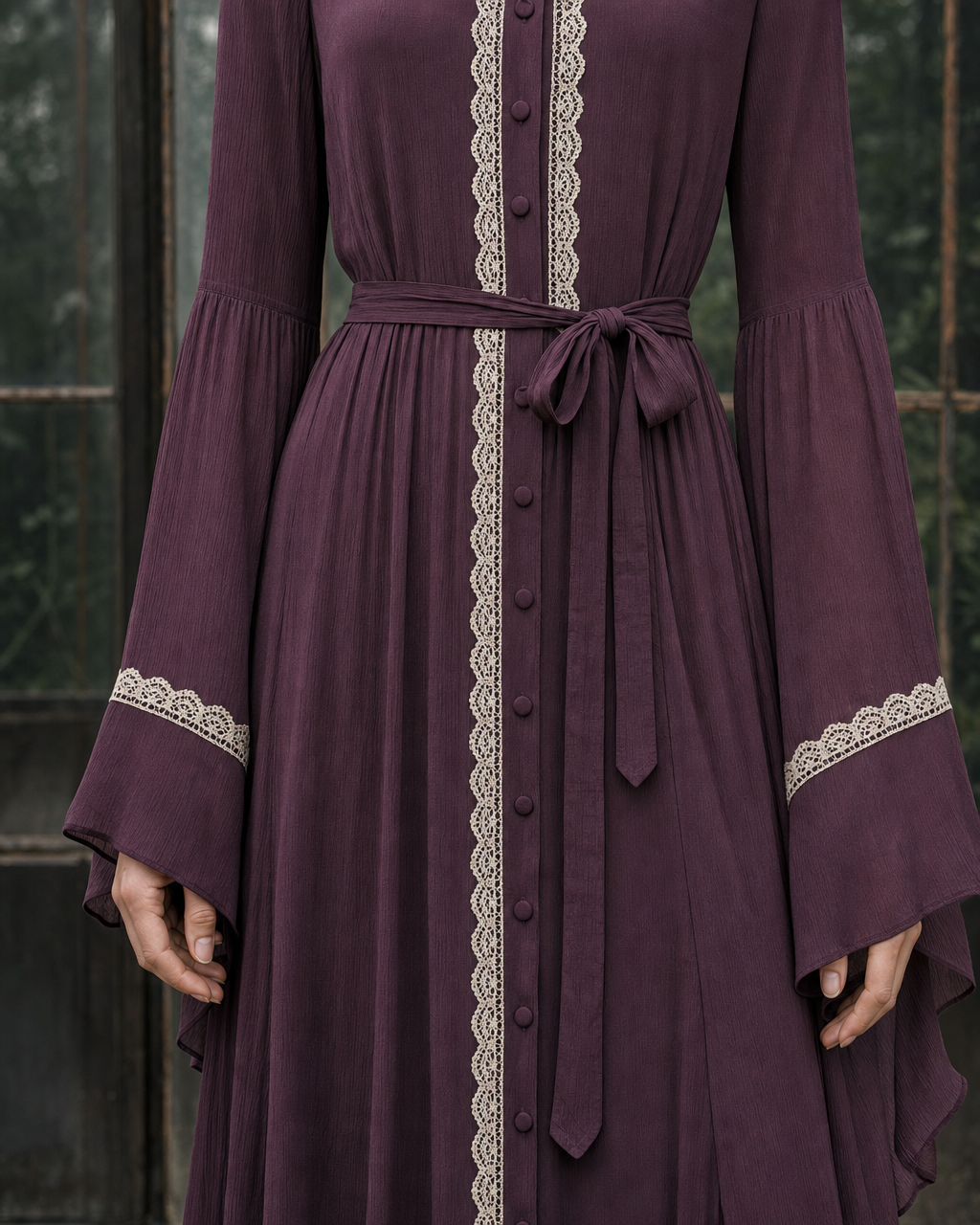 Bohemian Vintage Plum Chiffon Lace-trim Point-collar Long-sleeve Maxi Shirt Dress MVA001500AA