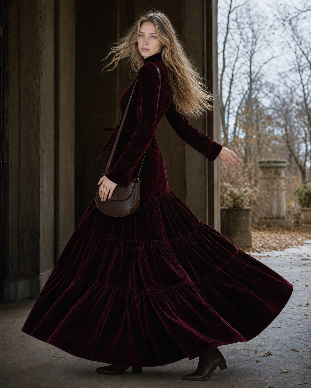 Elegant Burgundy Velvet Turtleneck Tiered Maxi Dress MVA001520AA