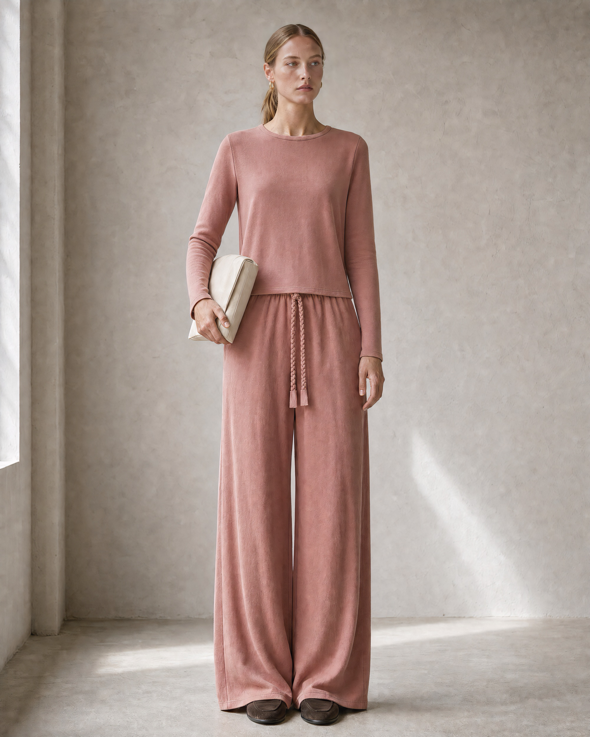 Casual Dusty Rose Knit Full-length Wide-leg Two-piece Set MVA001530AA