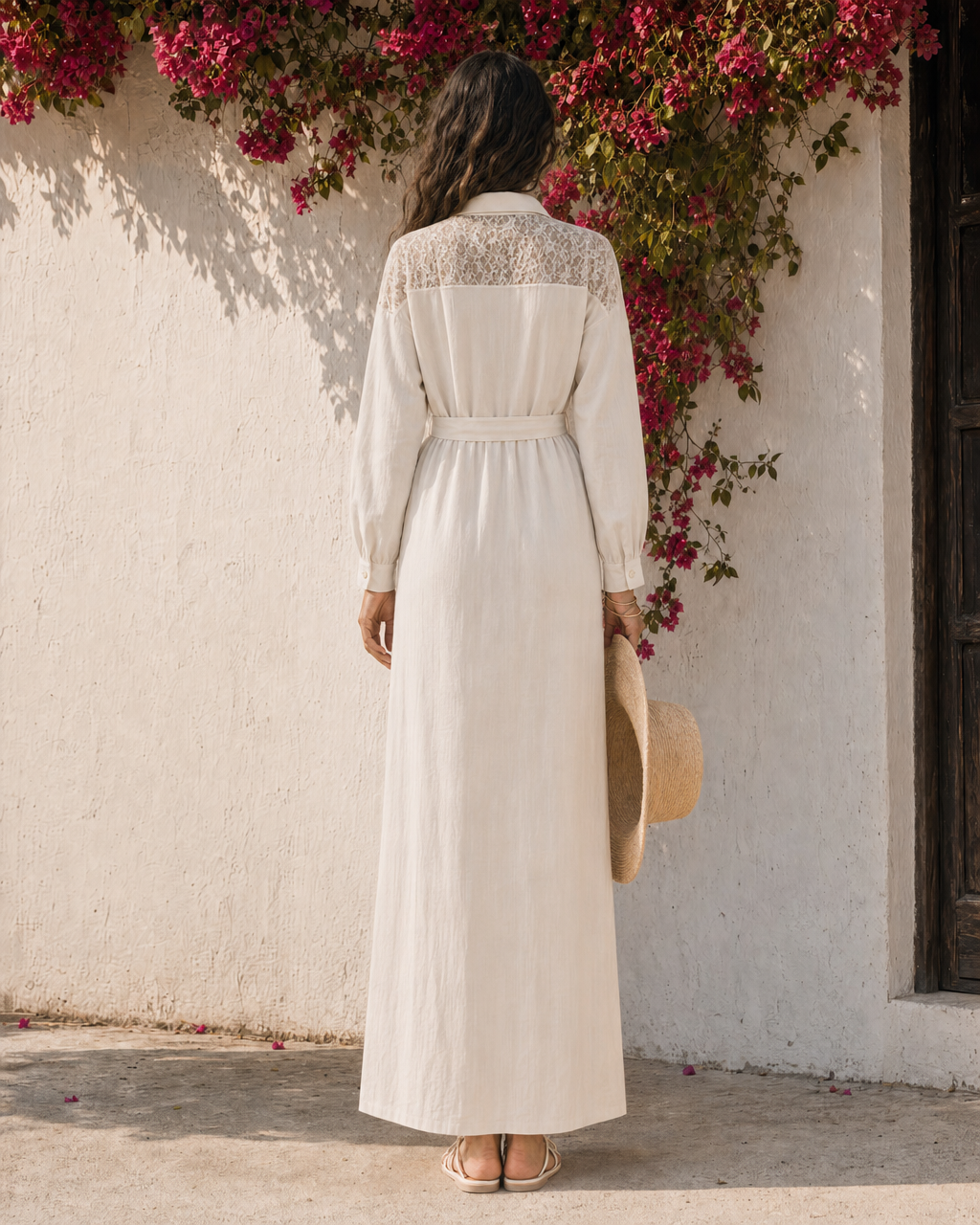 Bohemian Off-white Crinkled Cotton Lace-trim Point-collar Long-sleeve Maxi Shirt Dress MVA001550AA