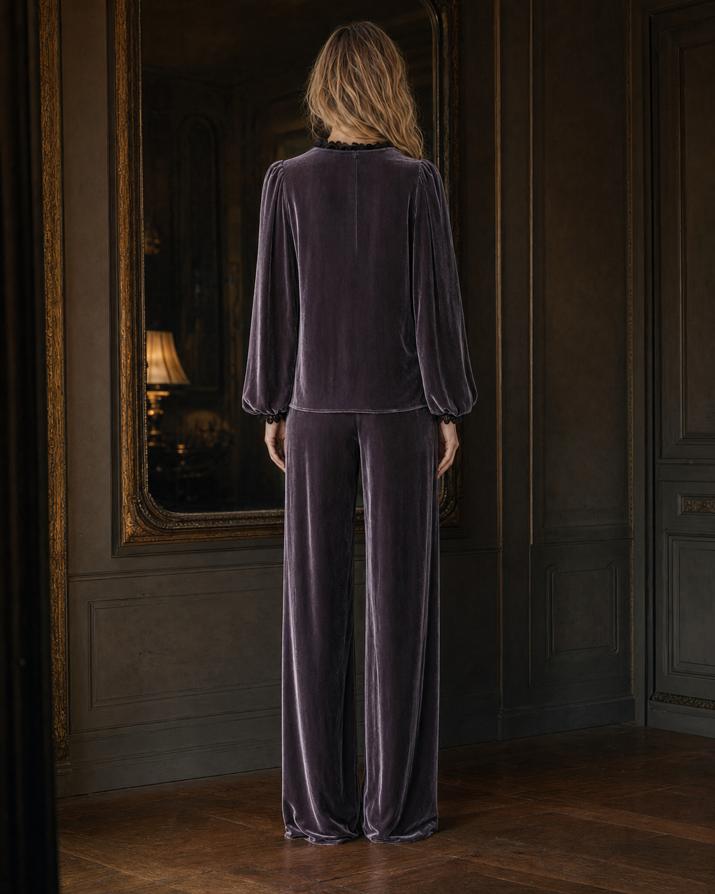 Elegant Mauve Velvet Tie-neck Balloon-sleeve Wide-leg Two-piece Set MVA001570AA