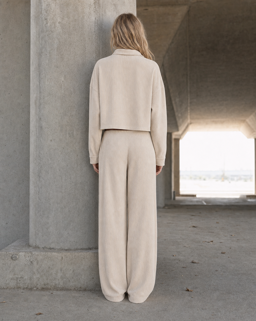 Casual Oatmeal Corduroy Half-zip Wide-leg Two-piece Set MVA001610AA