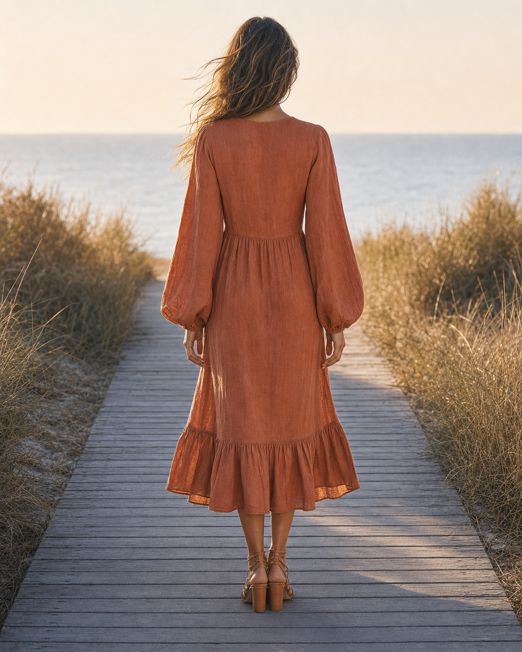 Bohemian Rust Linen-blend V-neck Ruffle-hem Midi Dress MVA001620AA