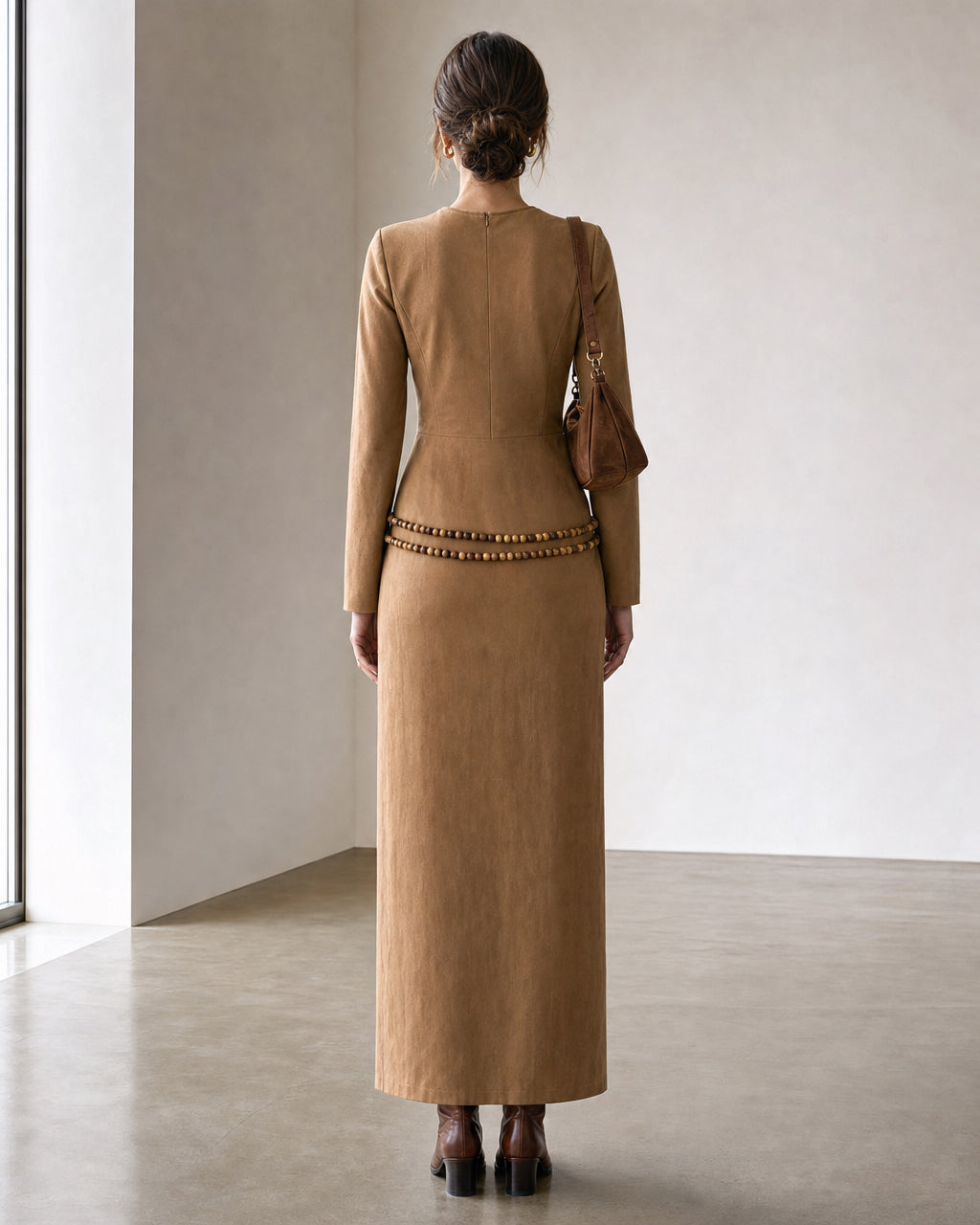 Casual Camel Faux-suede High-neck Long-sleeve Maxi Dress MVA001690AA