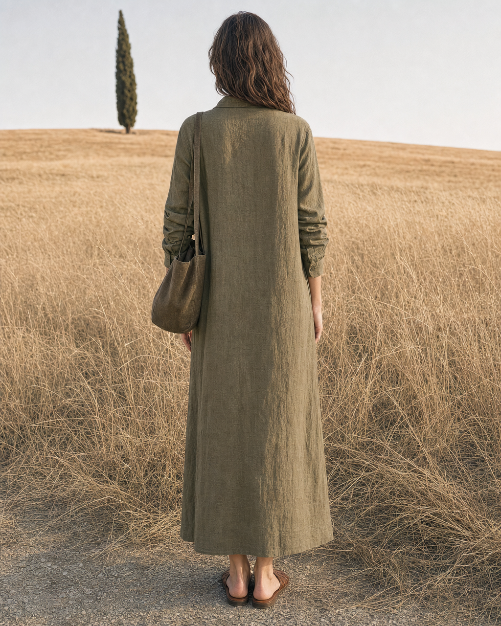 Casual Olive Linen Point-collar Button-front Maxi Shirt Dress MVA001700AA