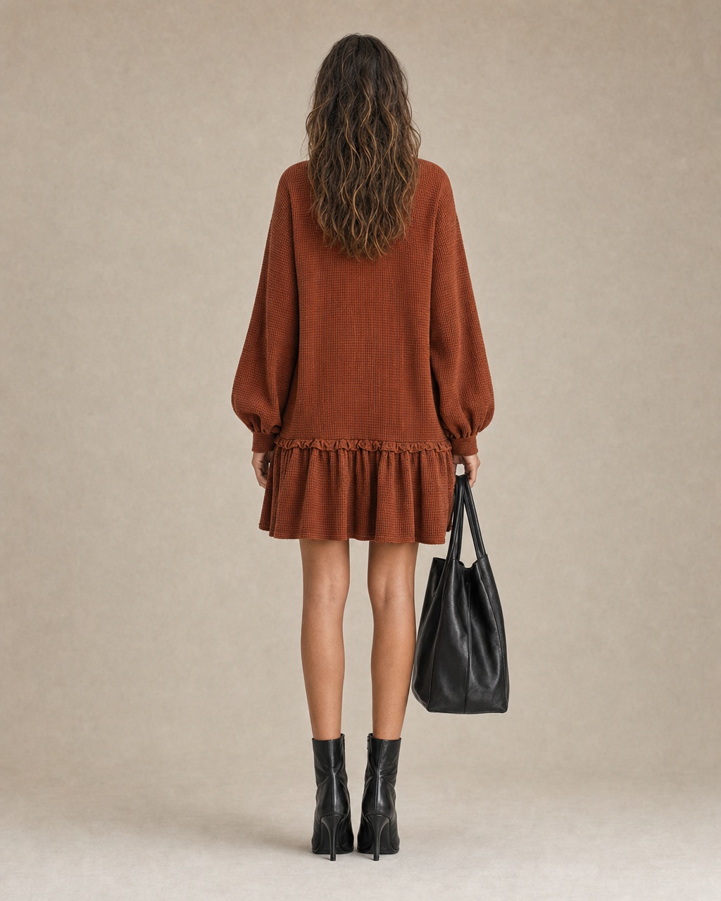 Casual Rust Waffle-knit V-neck Ruffle-hem Mini Dress MVA001760AA