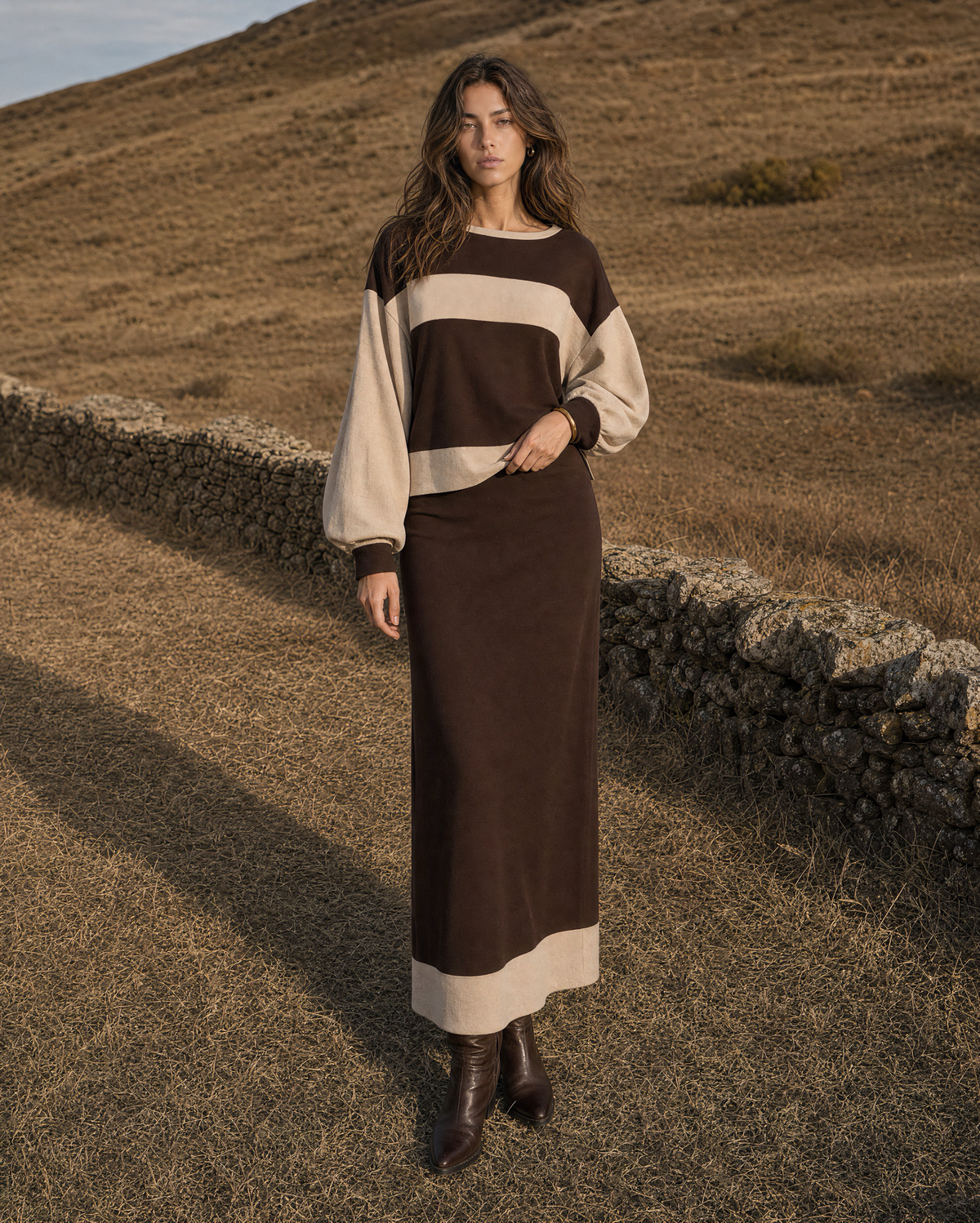 Casual Chocolate And Cream Colorblock Knit Maxi Two-piece Set MVA001770AA