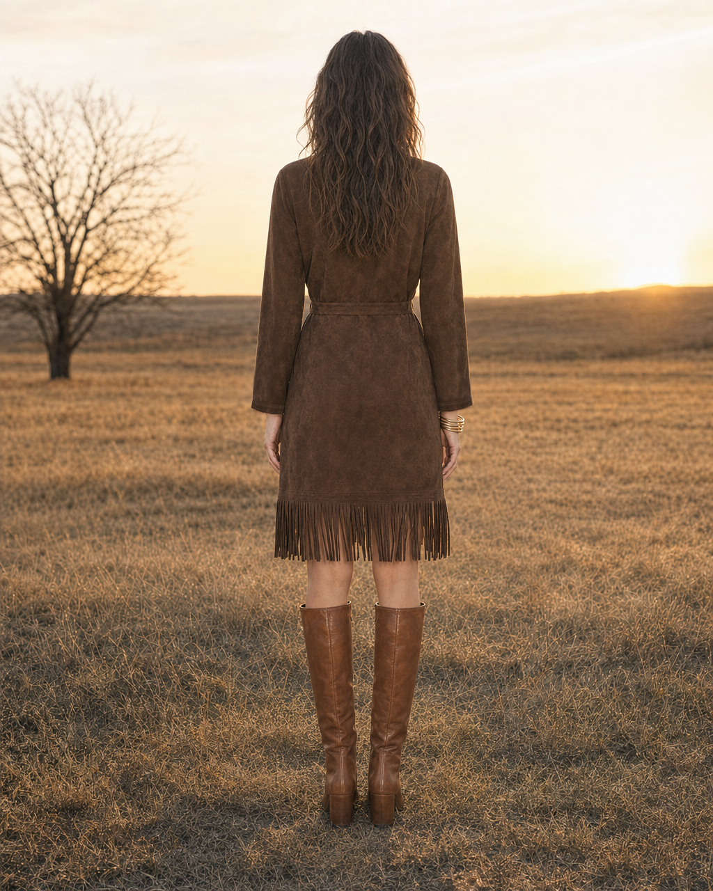 Bohemian Western Chocolate Faux-suede Fringed-hem Belted Midi Dress MVA001800AA