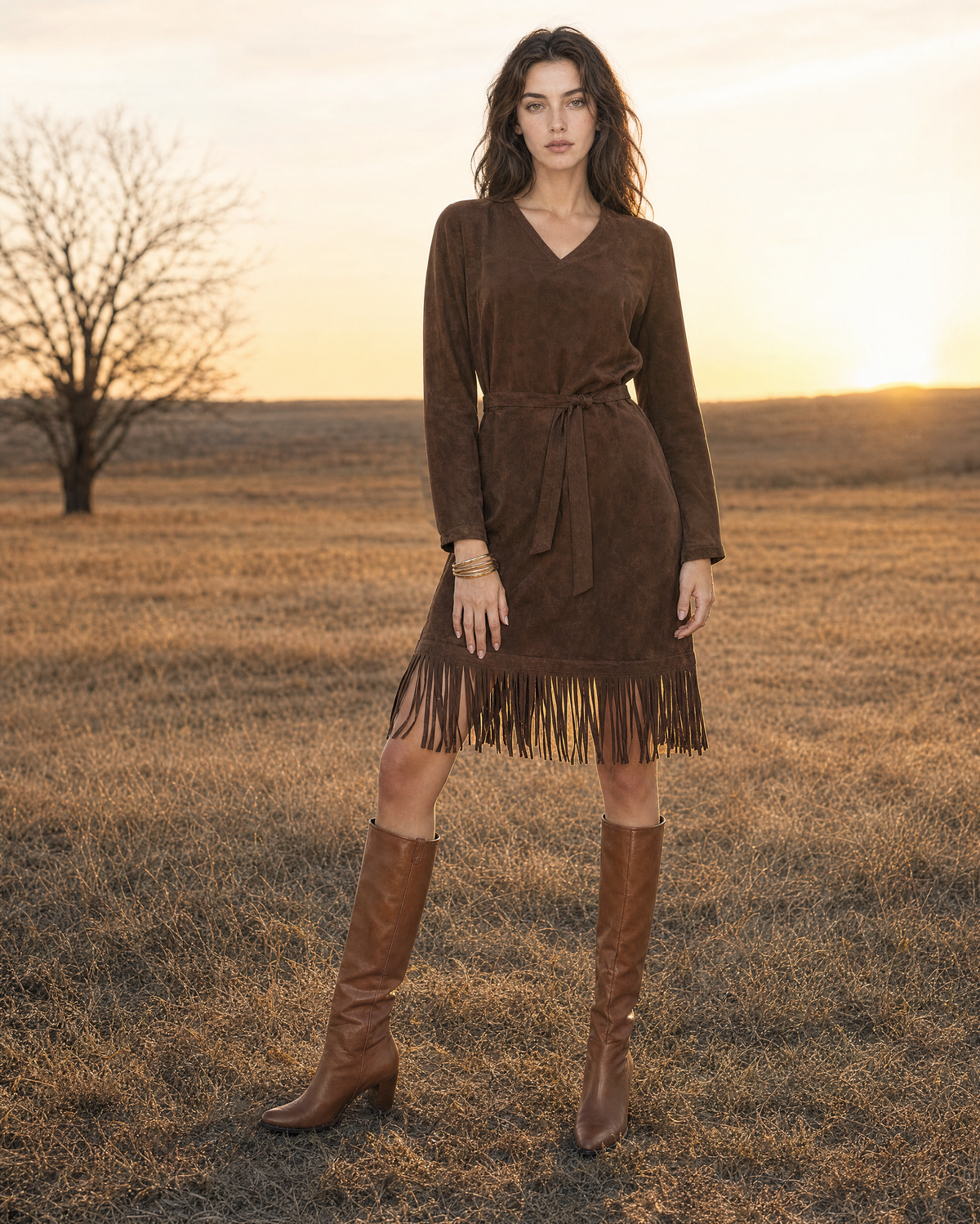 Bohemian Western Chocolate Faux-suede Fringed-hem Belted Midi Dress MVA001800AA