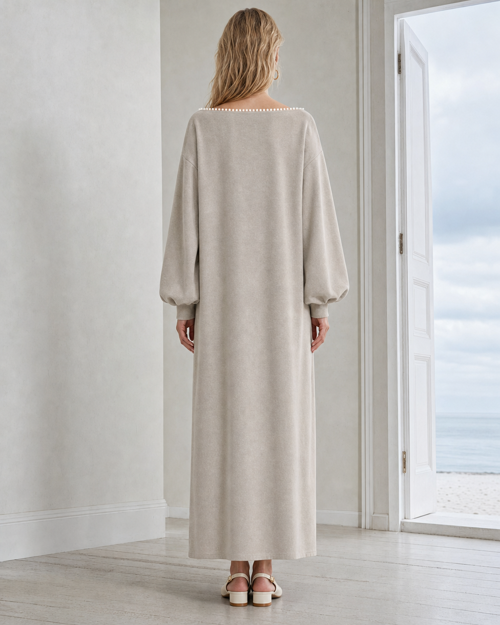 Casual Oatmeal Brushed-knit Pearl-trim Boat-neck Maxi Dress MVA001860AA