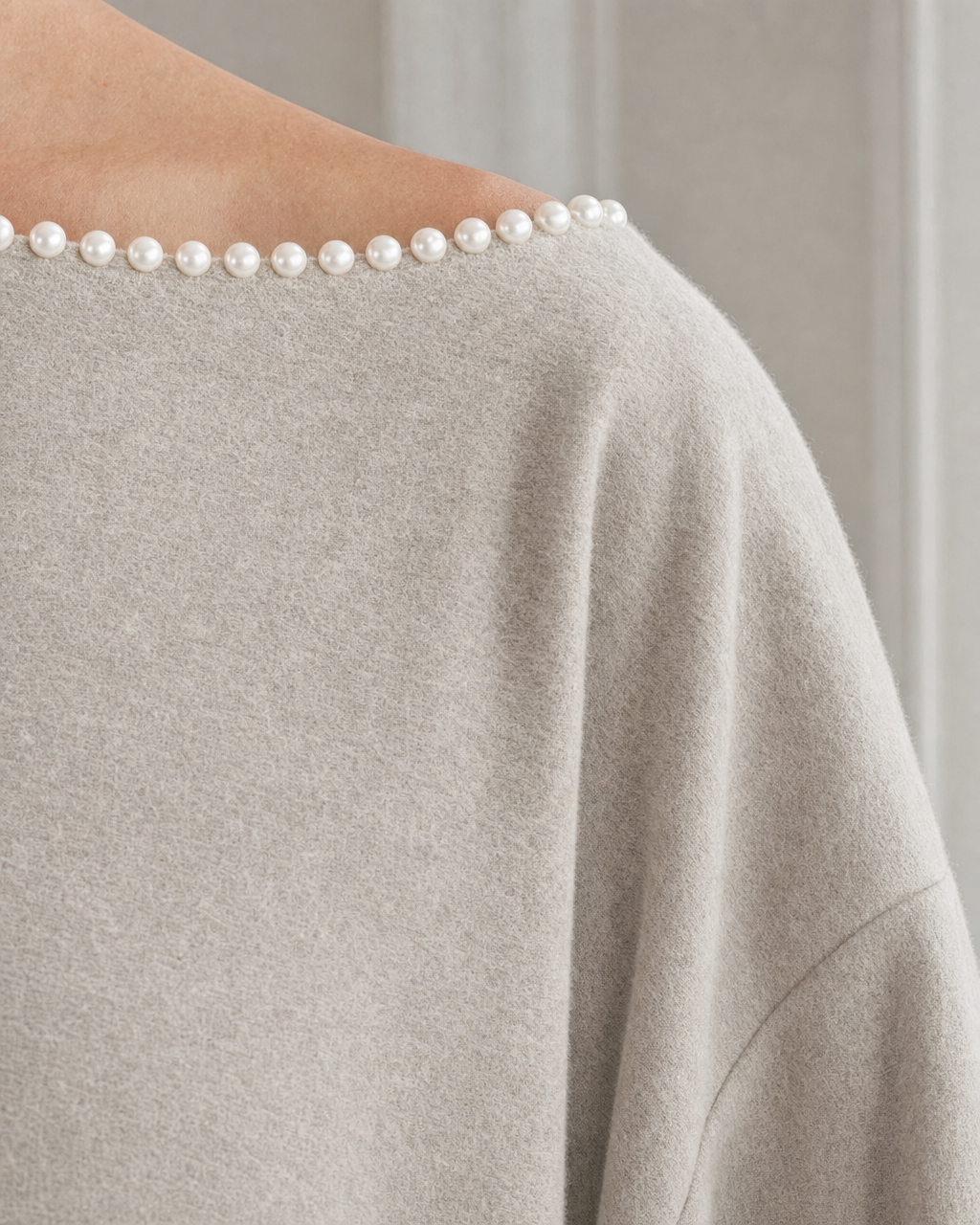 Casual Oatmeal Brushed-knit Pearl-trim Boat-neck Maxi Dress MVA001860AA