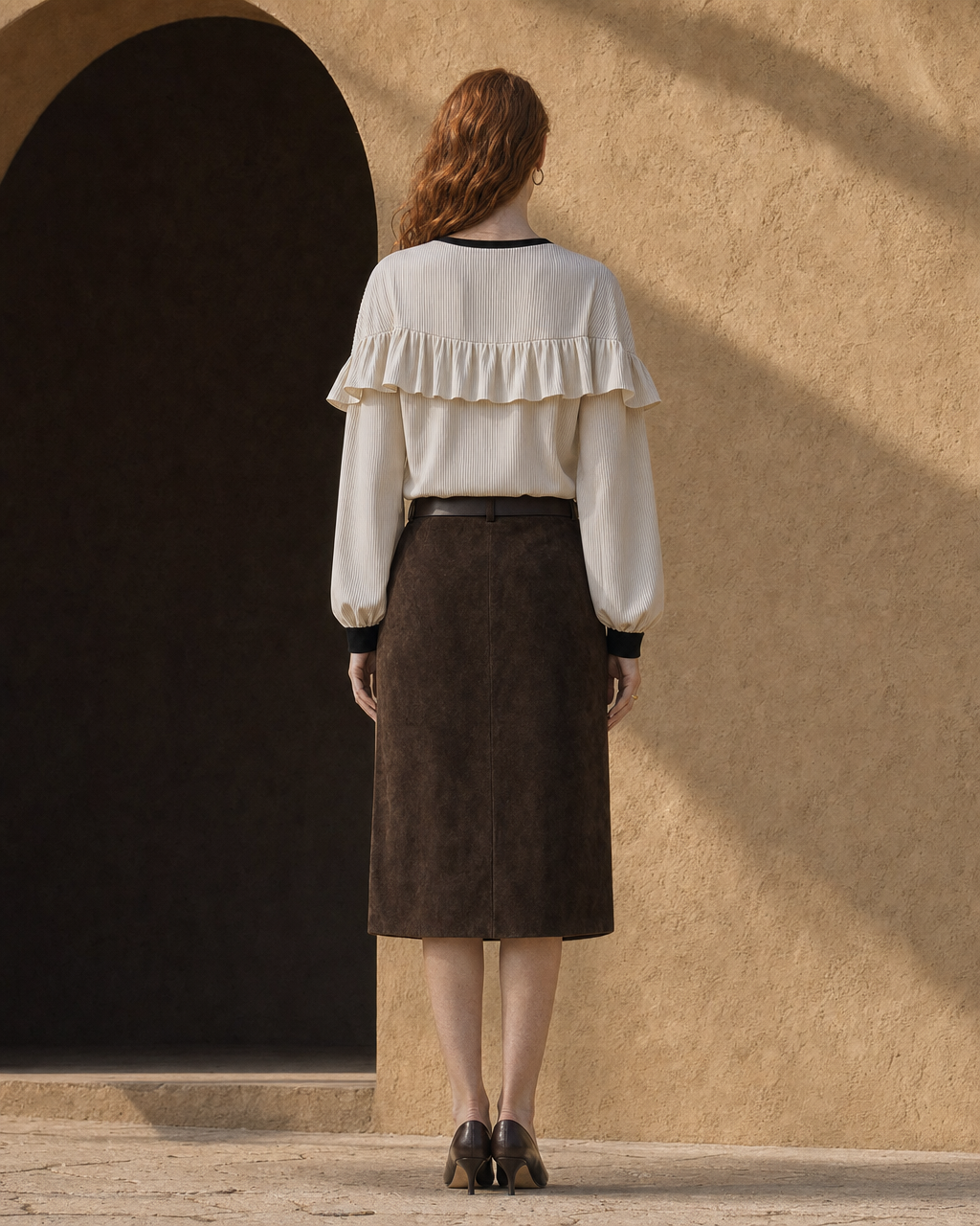 Casual Cream Fine-wale Corduroy Ruffle-yoke Contrast-trim Top MVA001920AA