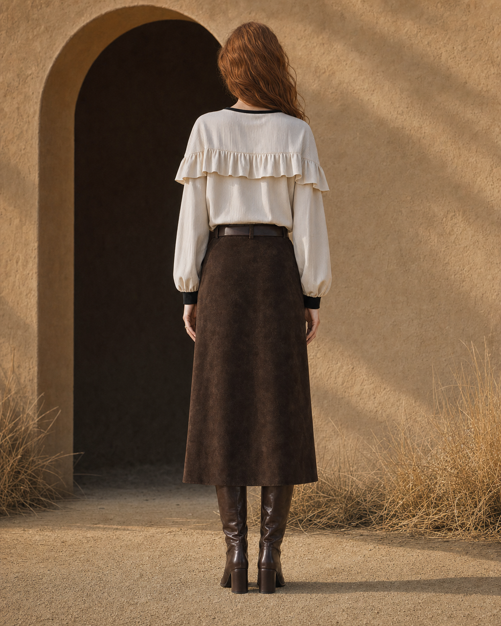 Casual Chocolate Brown Faux-suede Front-slit Midi Skirt MVA001940AA