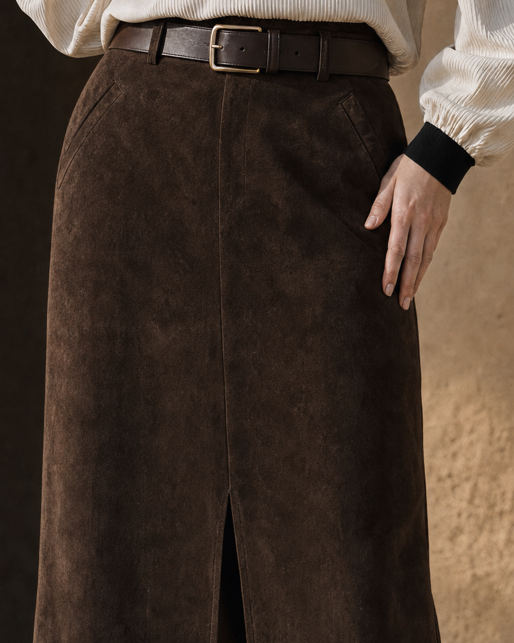 Casual Chocolate Brown Faux-suede Front-slit Midi Skirt MVA001940AA