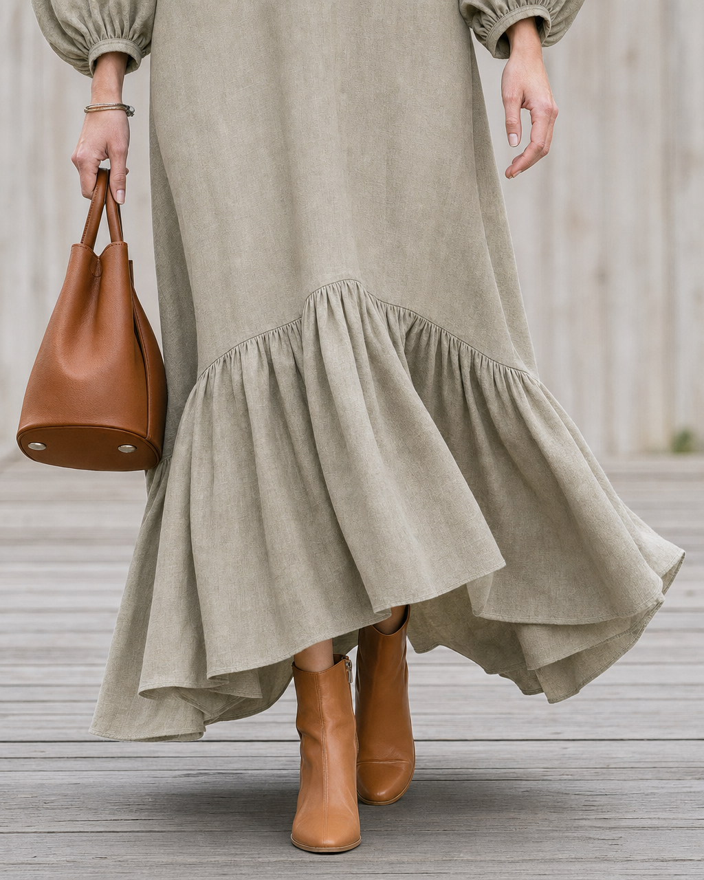Bohemian Sage Green Cotton-linen Split-neck Long-sleeve Ruffle-hem Maxi Dress MVA002120AA