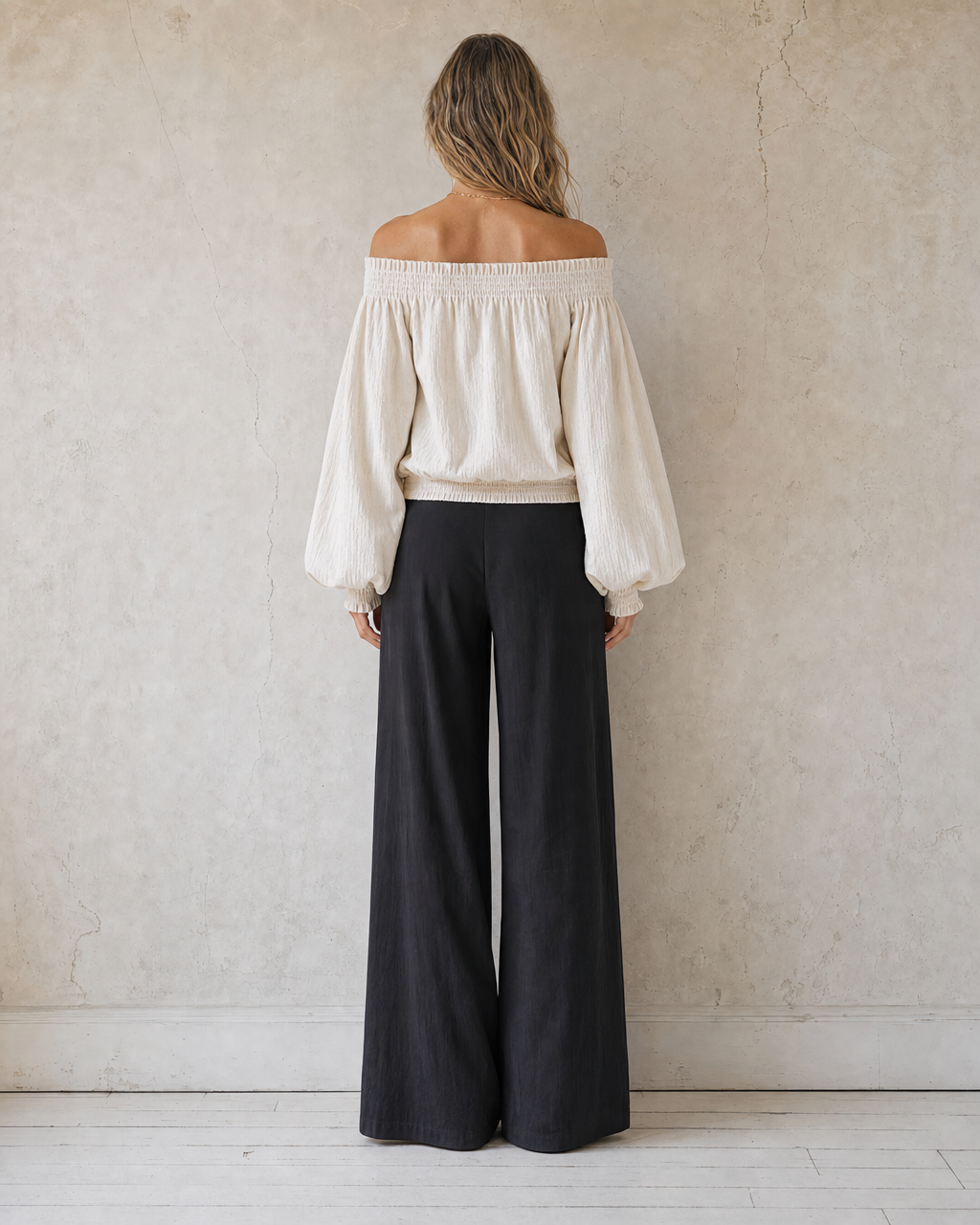 Casual Ivory Off-shoulder Balloon-sleeve Top And Black Wide-leg Pants Set MVA002170AA