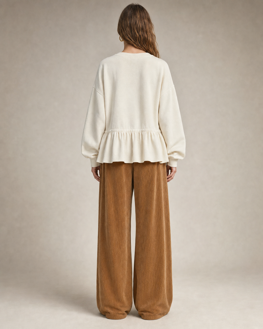 Casual Ivory Knit Crew-neck Long-sleeve Drawstring Peplum Top MVA002180AA