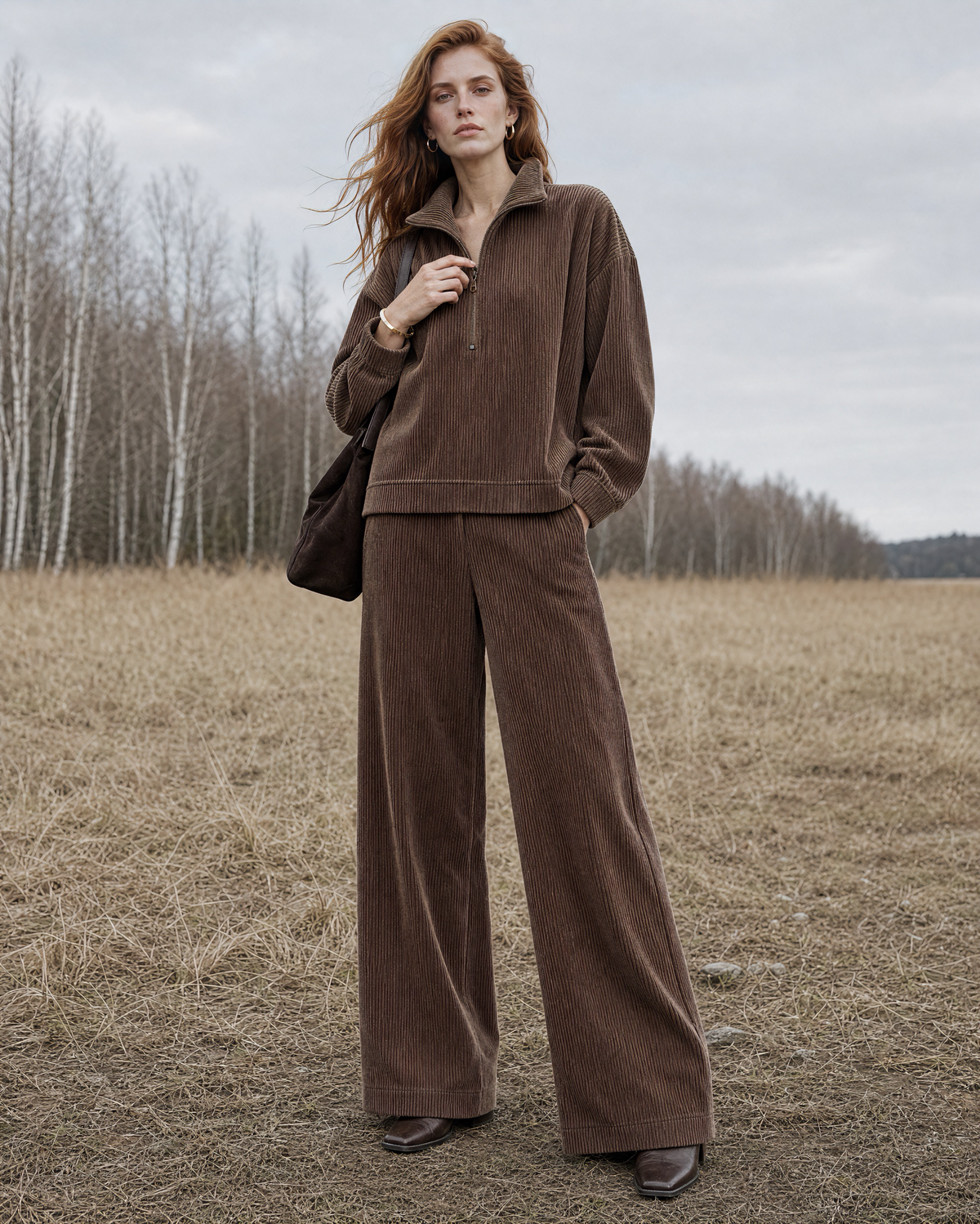 Casual Brown Corduroy Half-zip Long-sleeve Wide-leg Two-piece Set MVA002240AA