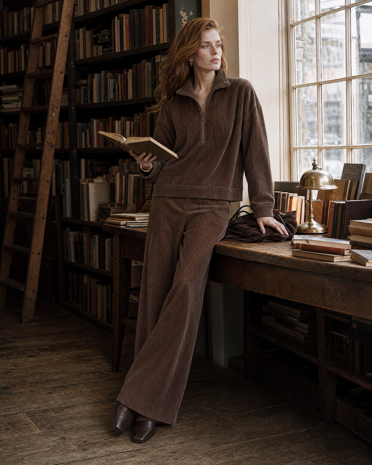 Casual Brown Corduroy Half-zip Long-sleeve Wide-leg Two-piece Set MVA002240AA