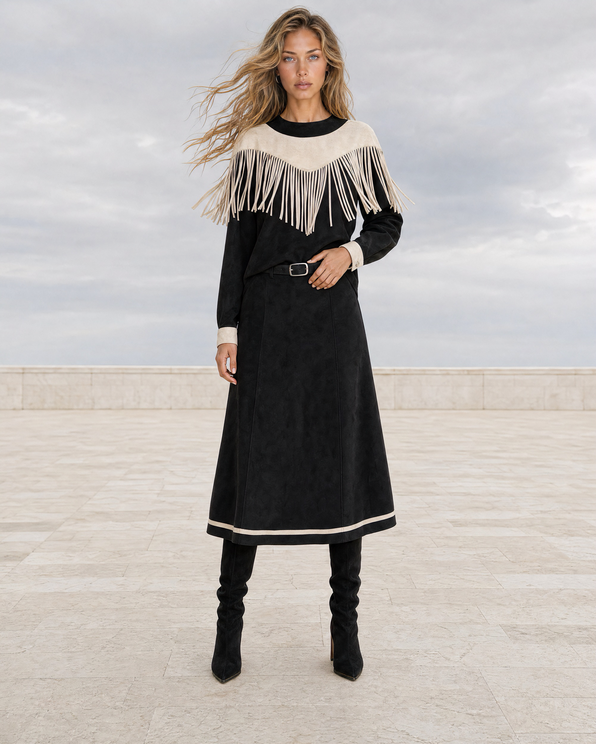Bohemian Black Faux Suede Crew-neck Long-sleeve Fringe Two-piece Set MVA002250AA