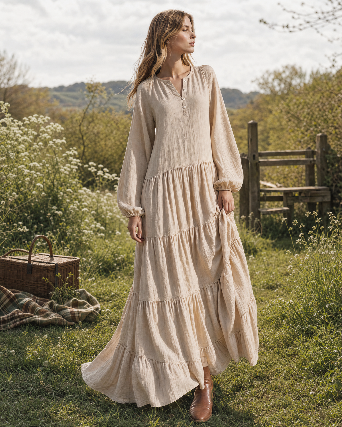 Bohemian Sand Cotton-linen Round-neck Long-sleeve Tiered Maxi Dress MVA002290AA