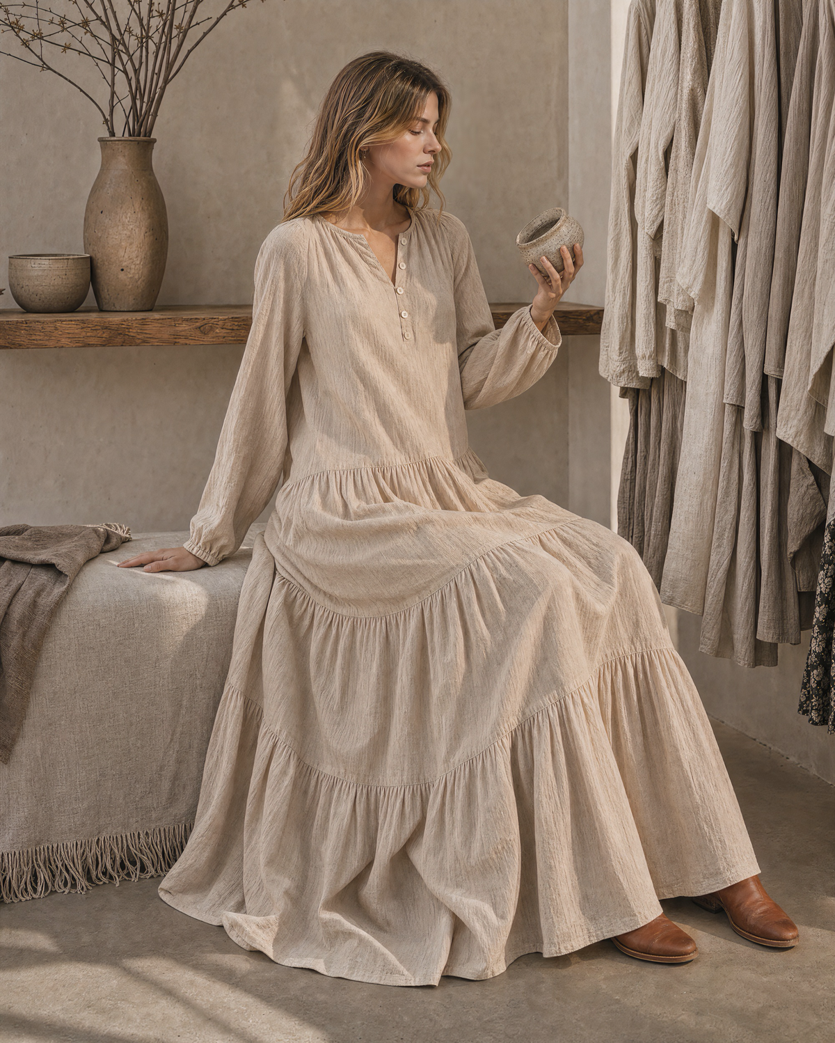 Bohemian Sand Cotton-linen Round-neck Long-sleeve Tiered Maxi Dress MVA002290AA
