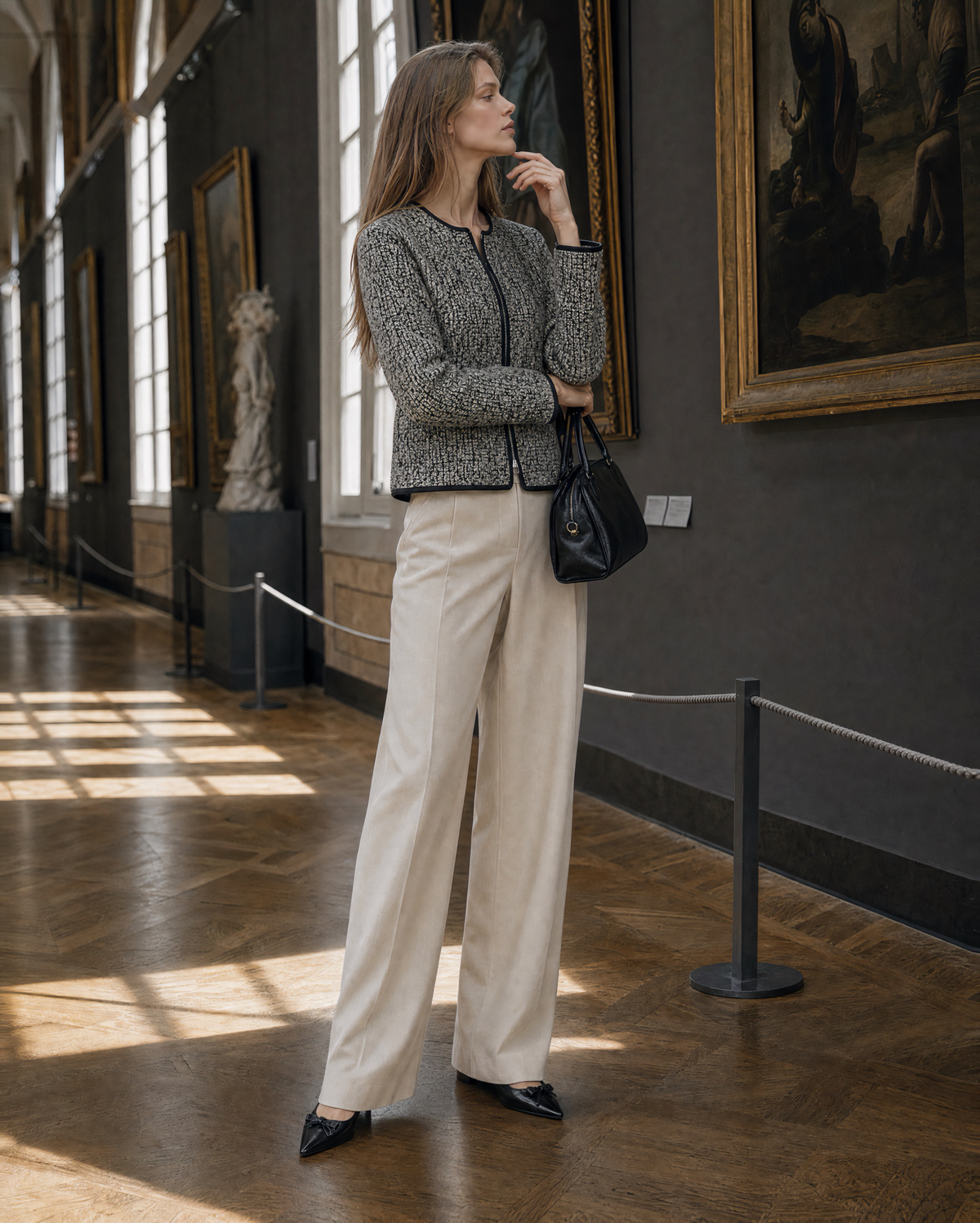 Classic Black And White Tweed Round-neck Long-sleeve Contrast-trim Zip Jacket MVA002300AA