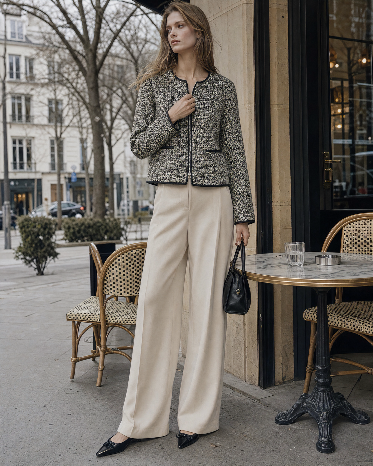 Classic Black And White Tweed Round-neck Long-sleeve Contrast-trim Zip Jacket MVA002300AA