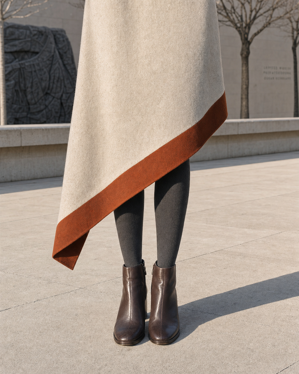 Elegant Beige And Rust Wool-blend Colorblock Round-neck Long-sleeve Jacket And Asymmetric Midi Skirt Set MVA002330AA