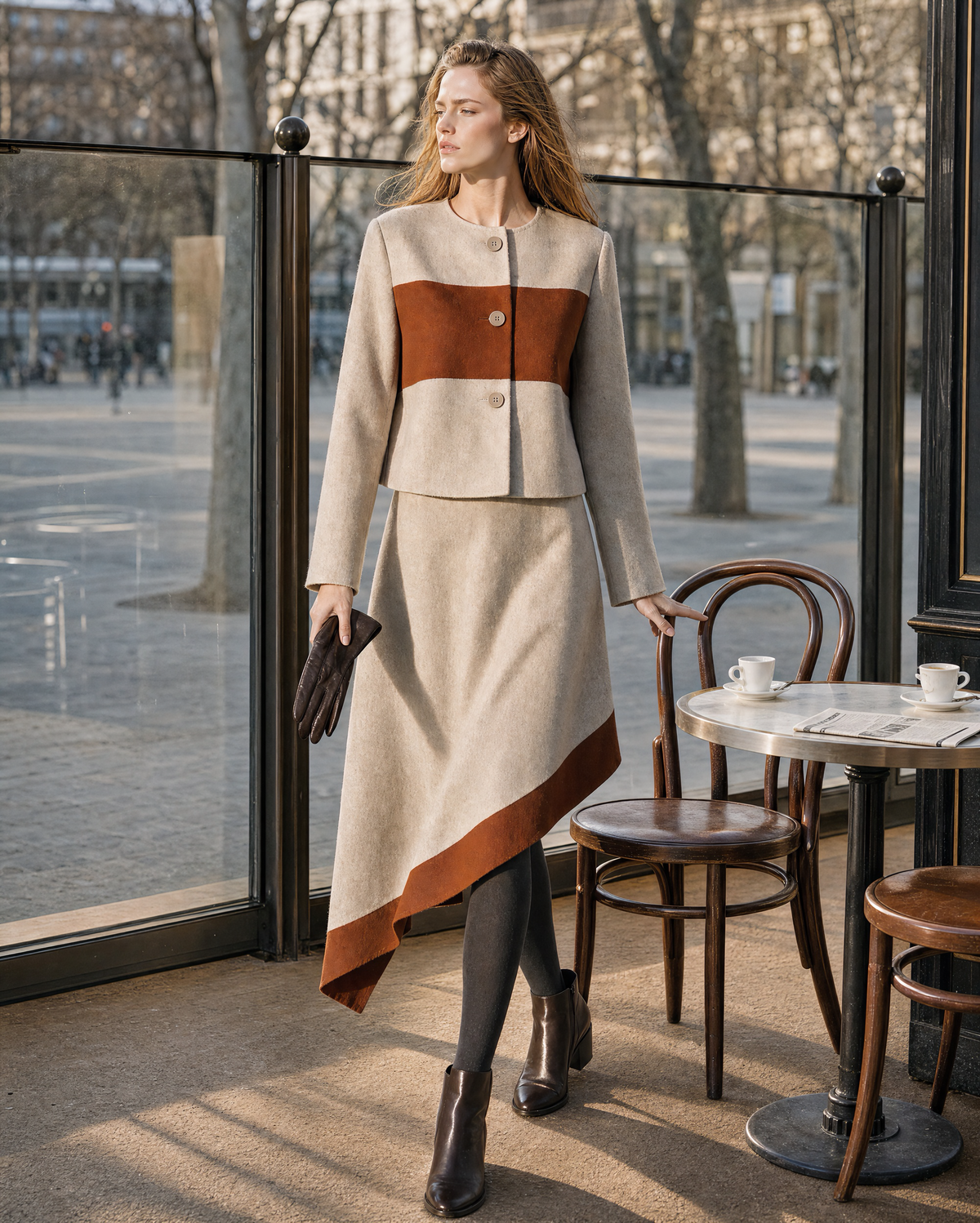 Elegant Beige And Rust Wool-blend Colorblock Round-neck Long-sleeve Jacket And Asymmetric Midi Skirt Set MVA002330AA