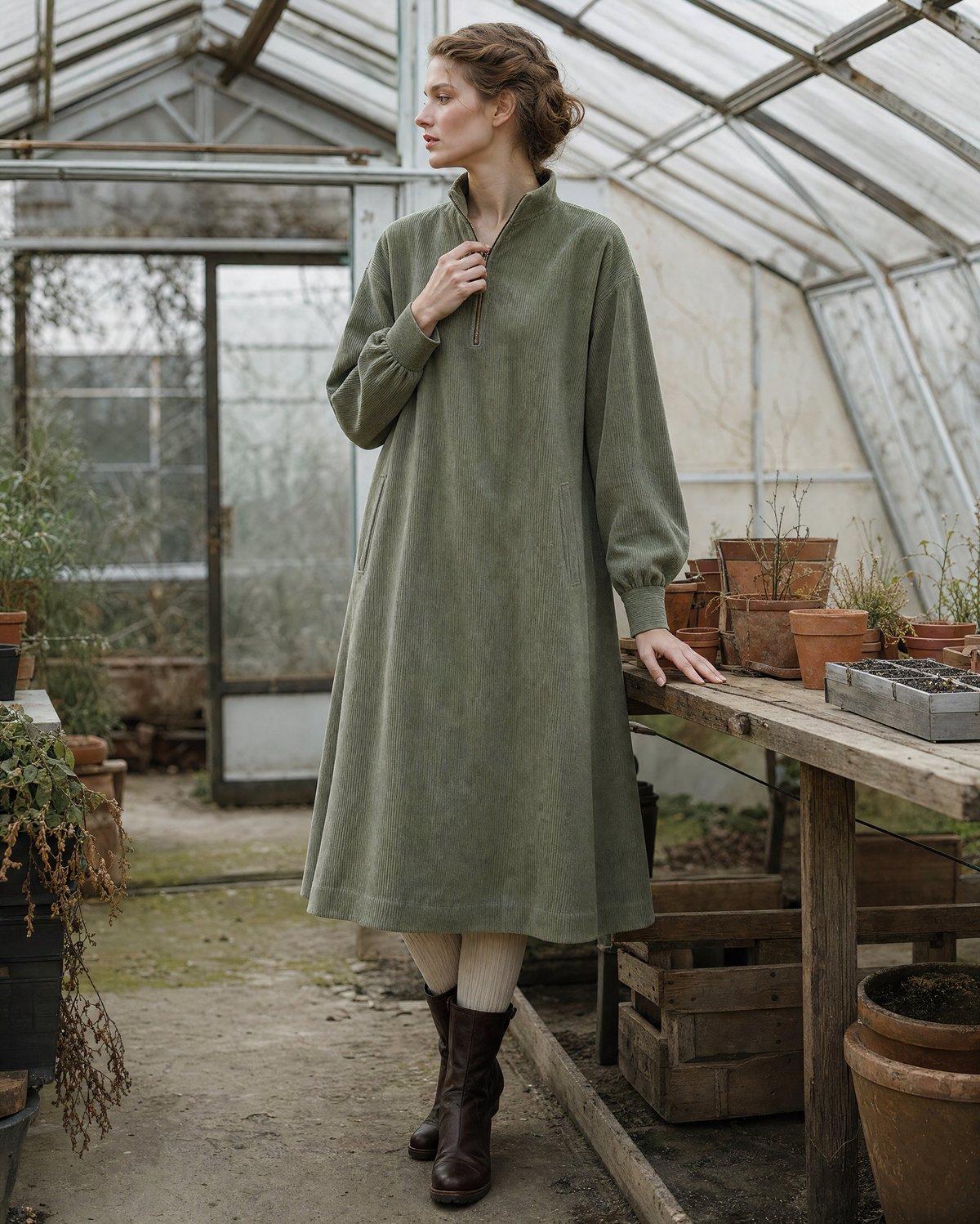 Casual Sage Green Corduroy Stand-collar Half-zip Long-sleeve Midi Dress MVA002340AA
