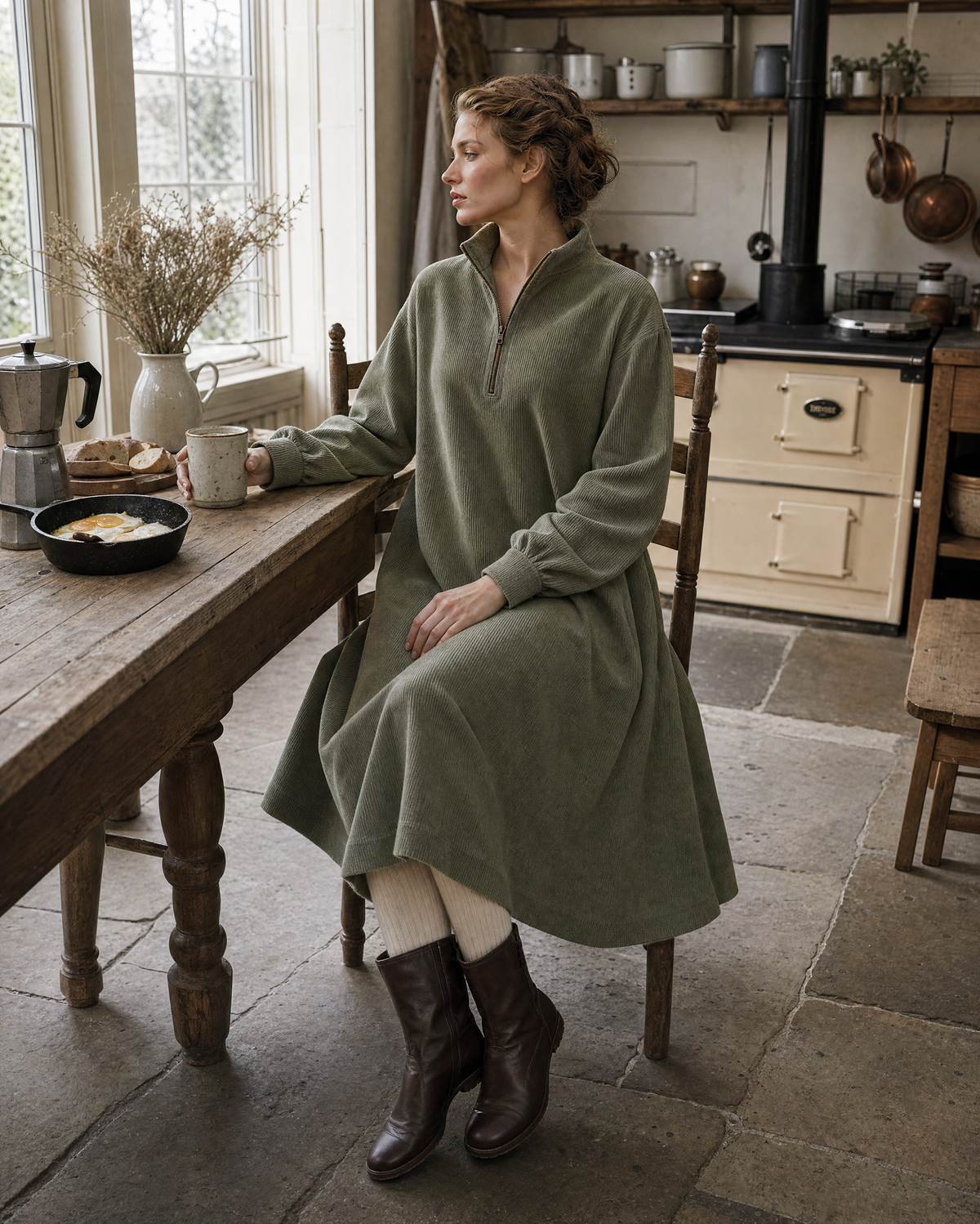 Casual Sage Green Corduroy Stand-collar Half-zip Long-sleeve Midi Dress MVA002340AA