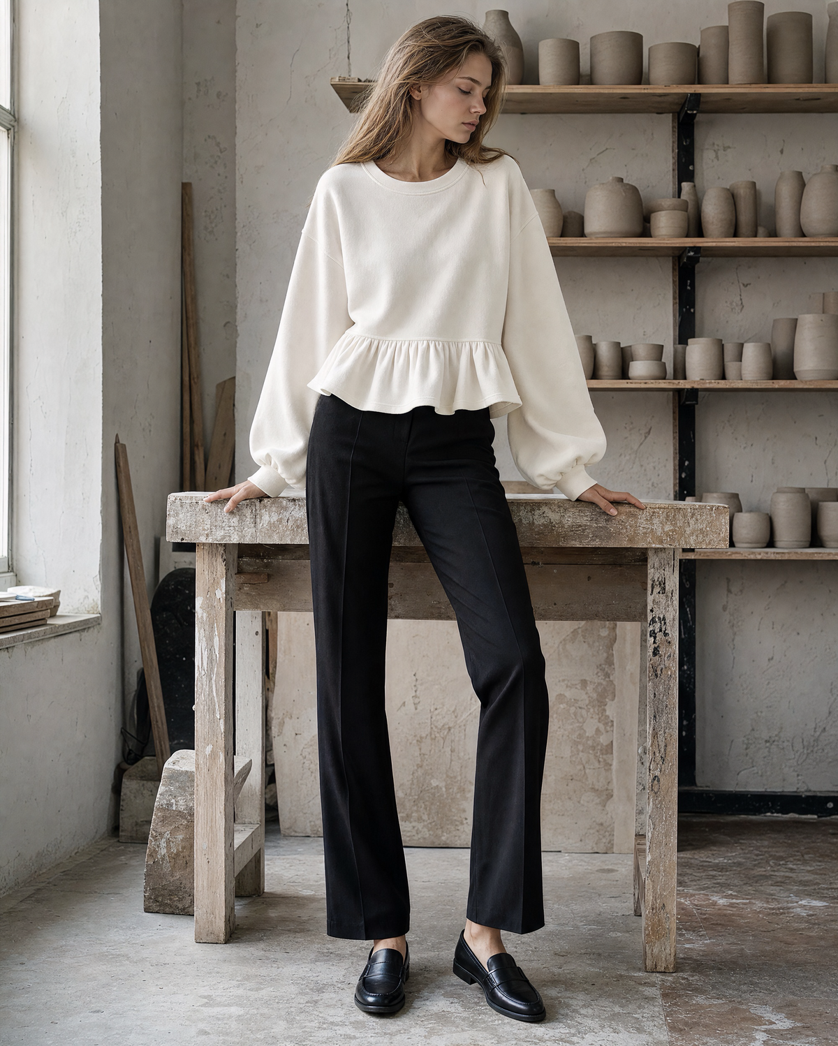 Casual Ivory Brushed Knit Round-neck Long-sleeve Peplum Sweatshirt Top MVA002370AA