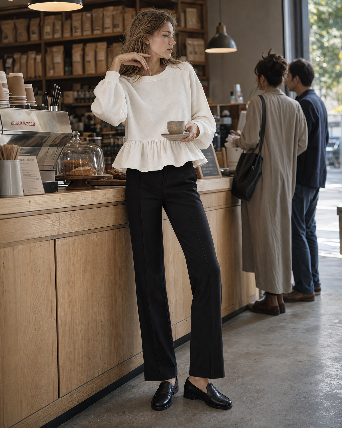 Casual Ivory Brushed Knit Round-neck Long-sleeve Peplum Sweatshirt Top MVA002370AA