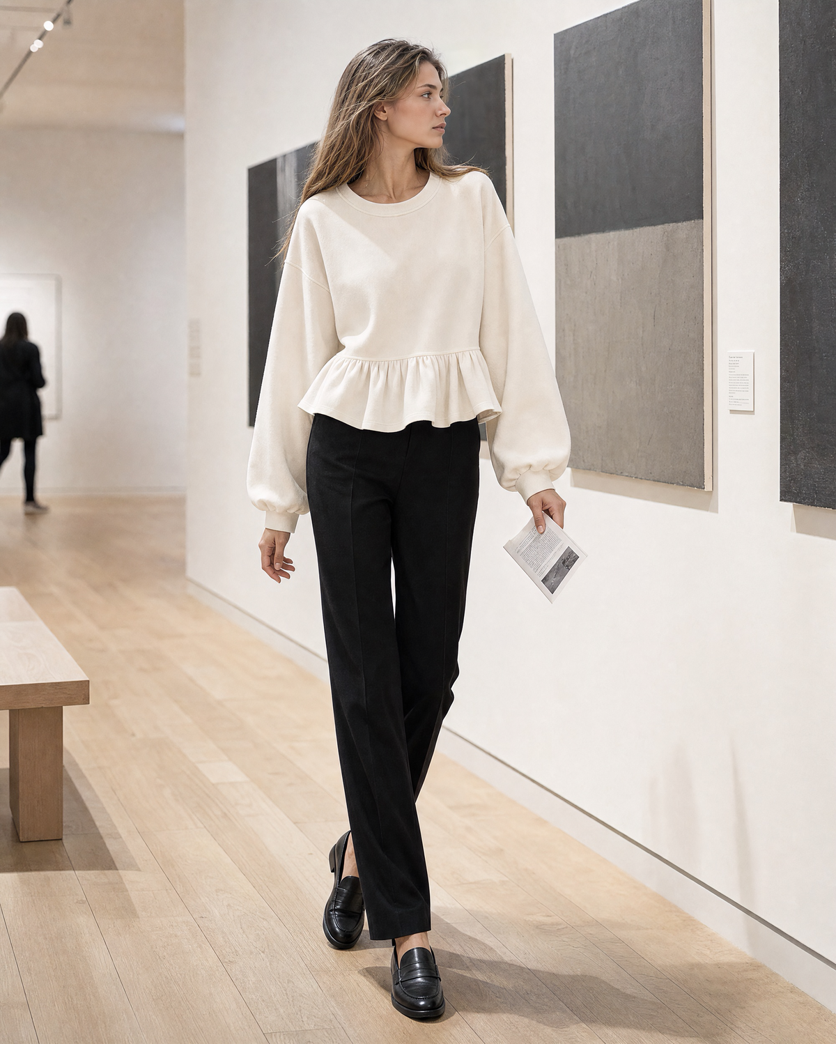 Casual Ivory Brushed Knit Round-neck Long-sleeve Peplum Sweatshirt Top MVA002370AA