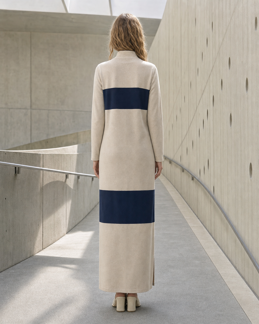 Casual Beige And Navy Knit Colorblock Stand-collar Half-zip Long-sleeve Maxi Dress MVA002390AA