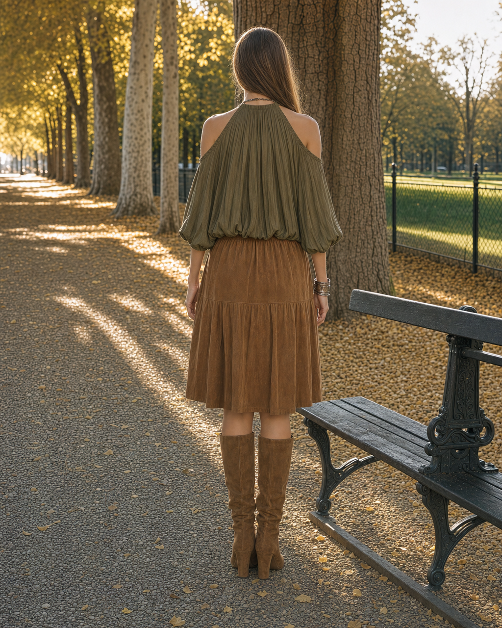 Bohemian Olive And Tan Halter Neck Cold-shoulder Blouse And Suede Pleated Midi Skirt Set MVA002410AA