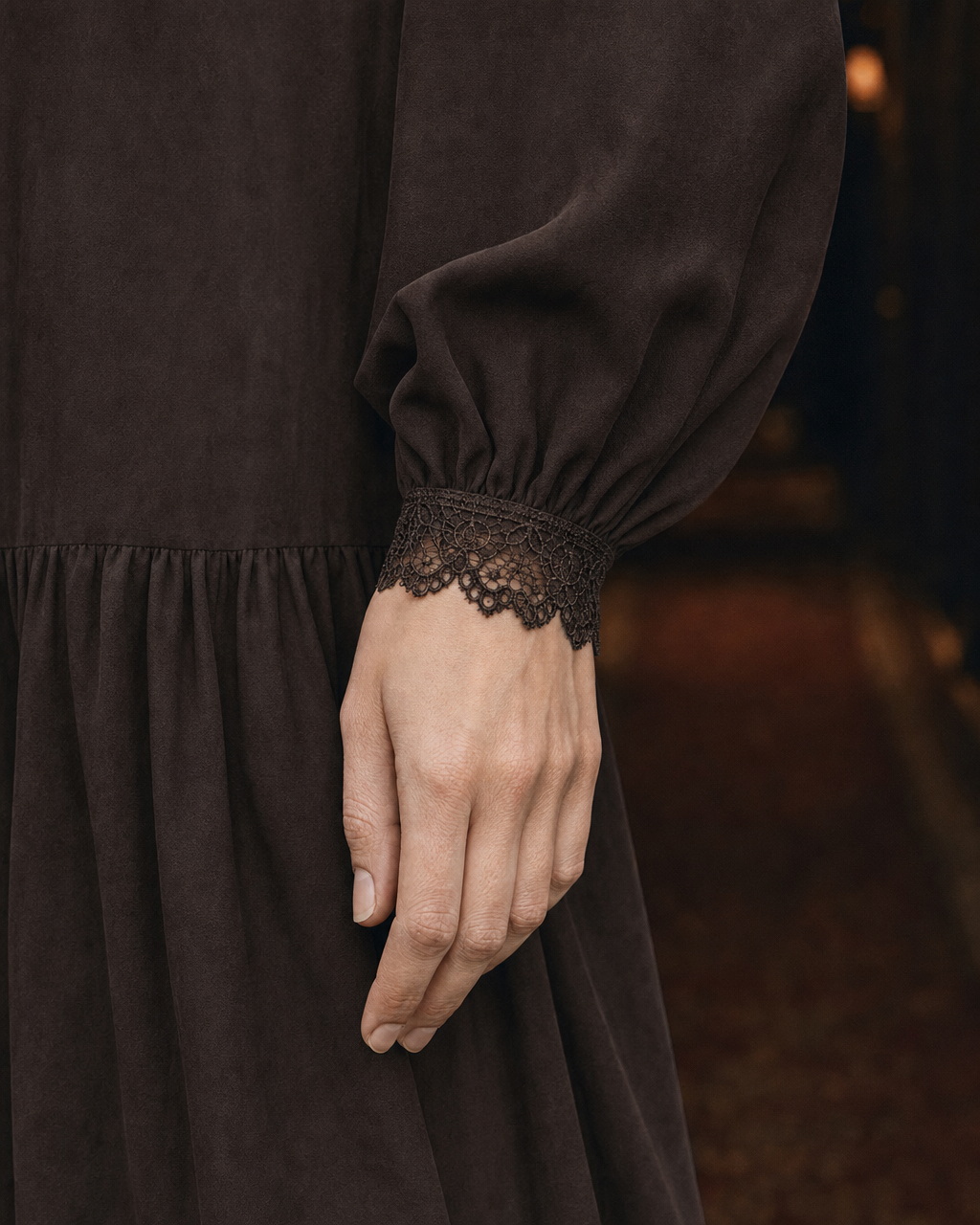 Vintage Dark Brown Woven Lace-trim Round-neck Long-sleeve Button-front Midi Dress MVA002420AA